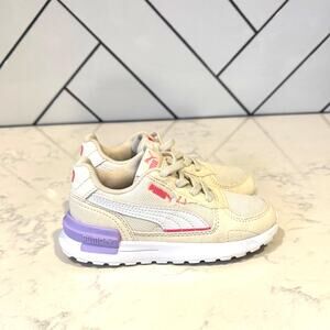 Puma Graviton AC sneakers size 10C cream/beige upper pink purple accents